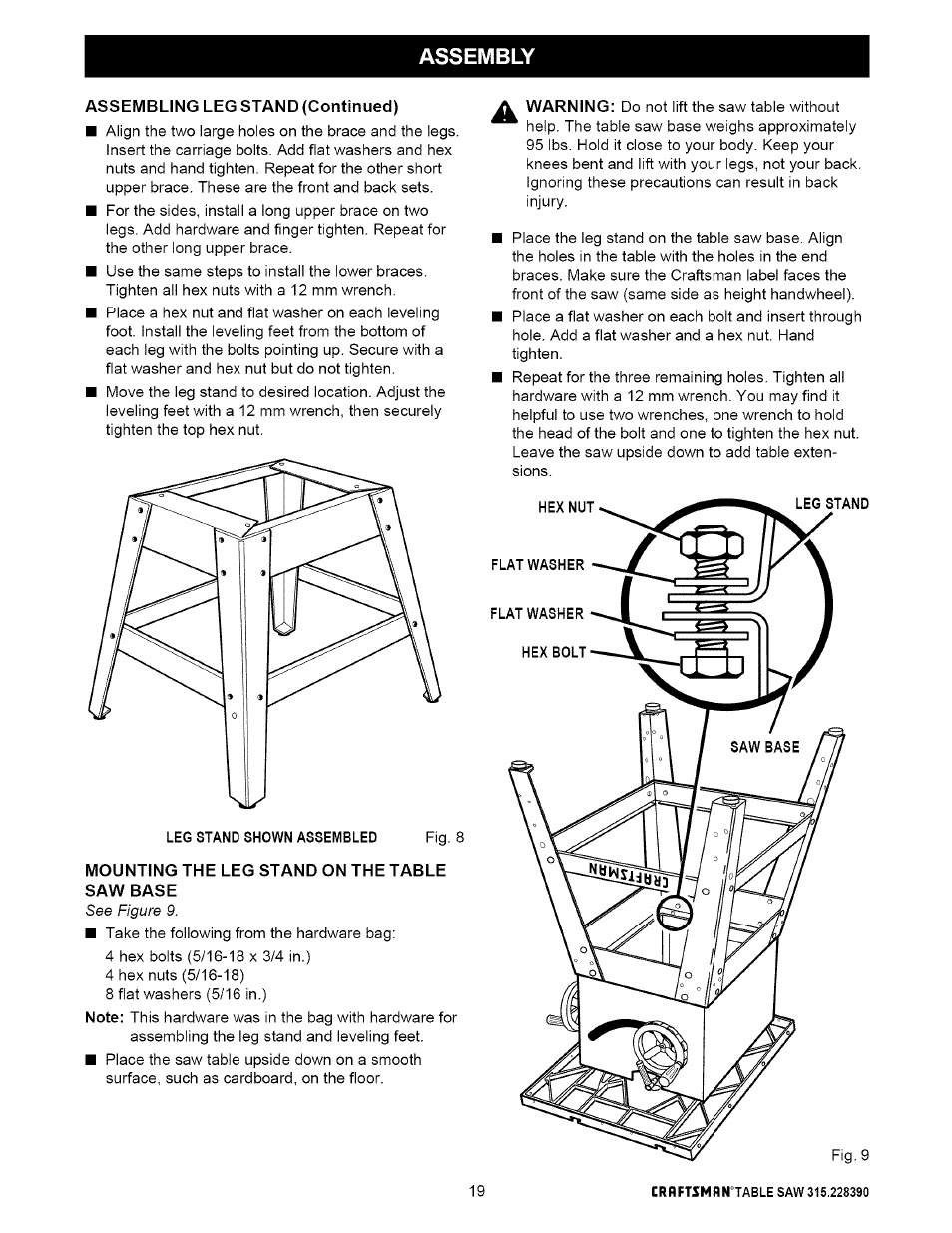 Assembling leg stand (continued), Leg stand shown assembled, Mounting the leg stand on the table saw base | Assembly | Craftsman 315.228390 User Manual | Page 19 / 66