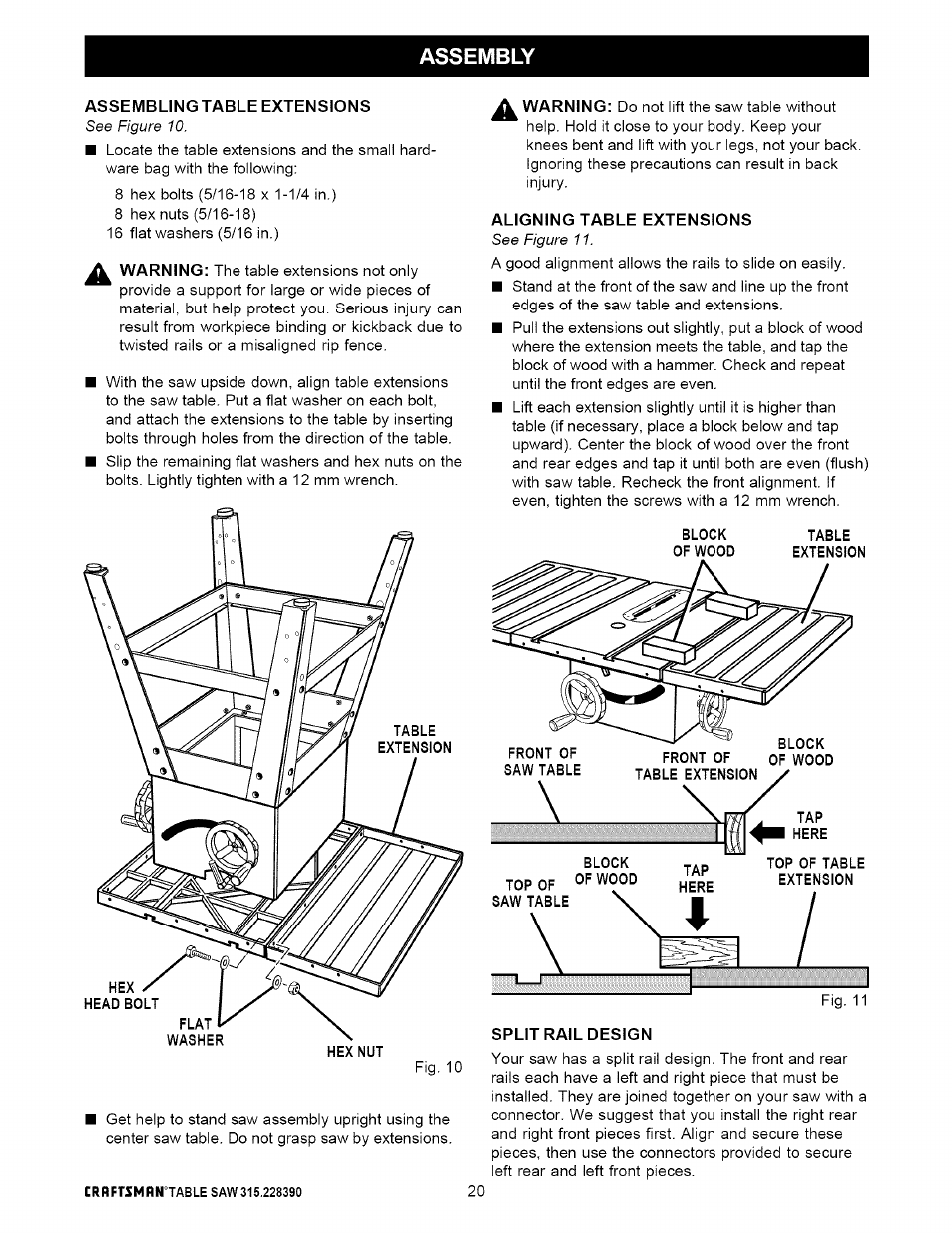 Aligning table extensions, Split rail design, Assembling table extensions | Assembly | Craftsman 315.228390 User Manual | Page 20 / 66