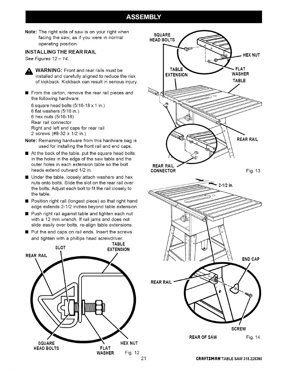 Installing the rear rail, Assembly | Craftsman 315.228390 User Manual | Page 21 / 66