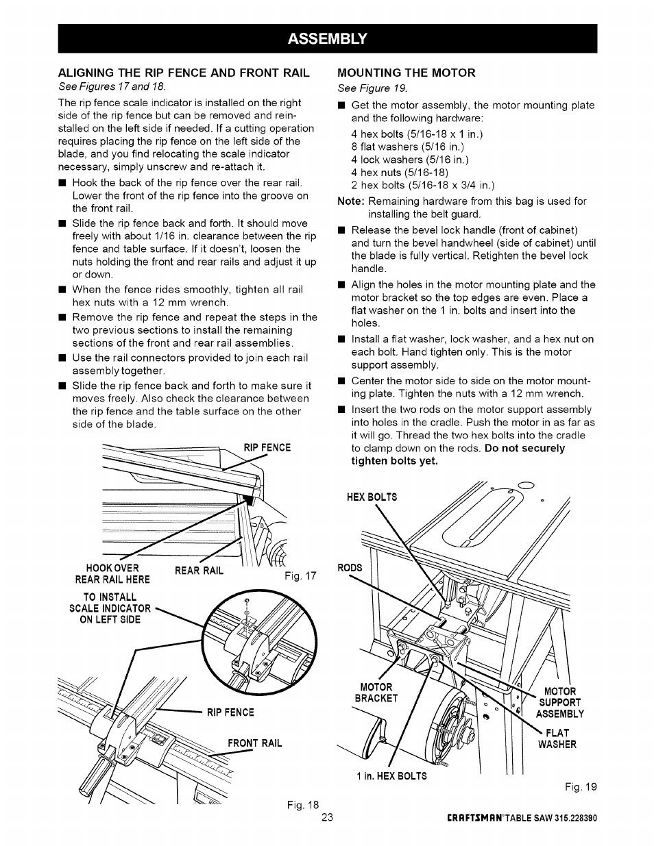 Aligning the rip fence and front rail, Mounting the motor, Aligning rip fence and rails | Assembly | Craftsman 315.228390 User Manual | Page 23 / 66