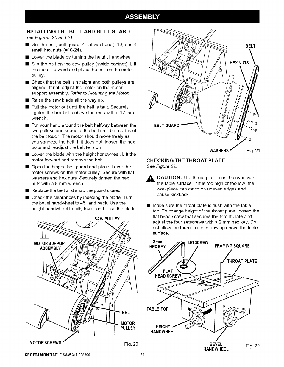 Checking the throat plate, Assembly | Craftsman 315.228390 User Manual | Page 24 / 66