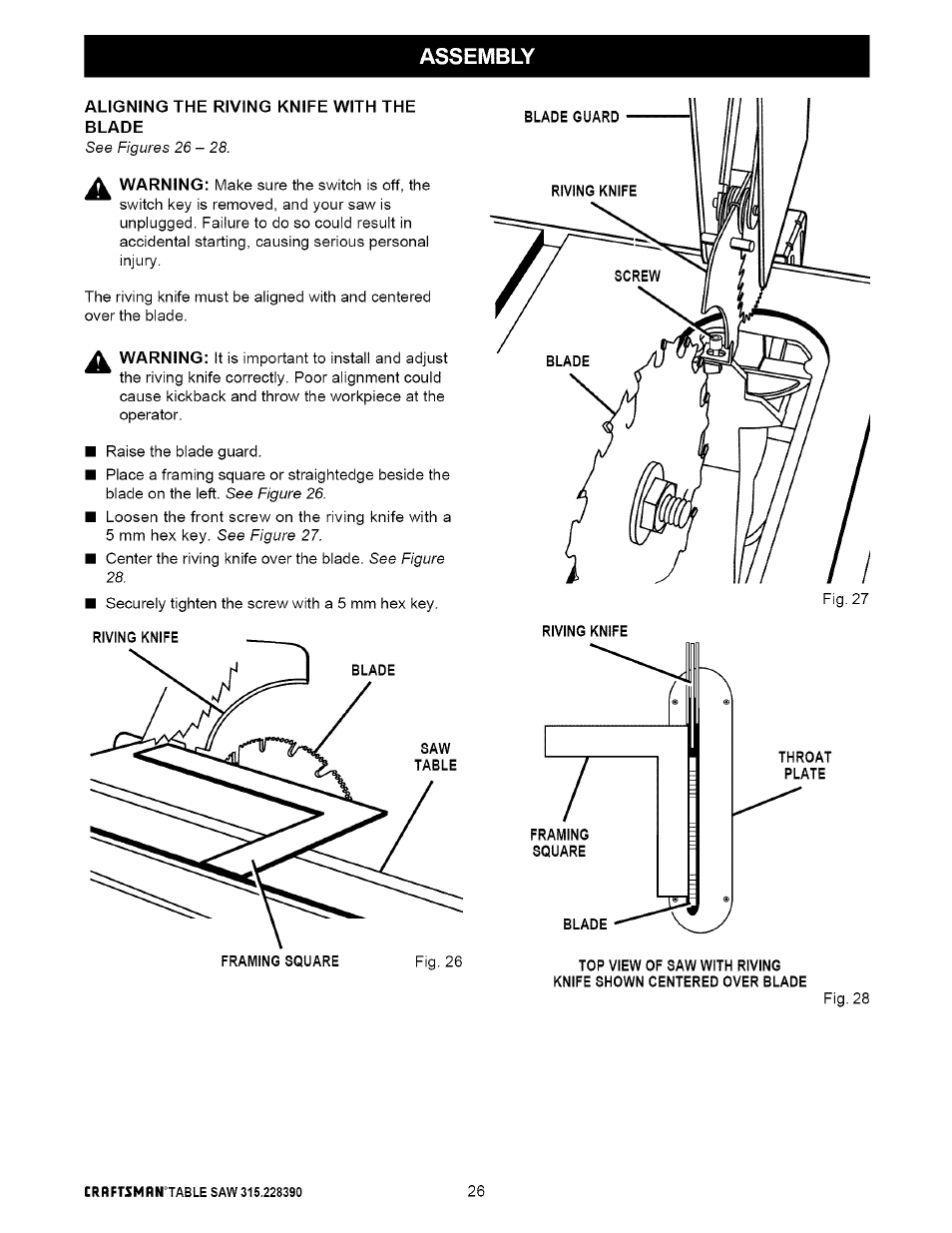Aligning the riving knife with the blade, Assembly | Craftsman 315.228390 User Manual | Page 26 / 66