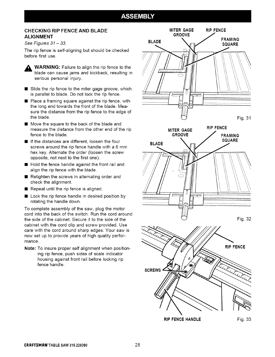 Checking rip fence and blade alignment, Assembly | Craftsman 315.228390 User Manual | Page 28 / 66