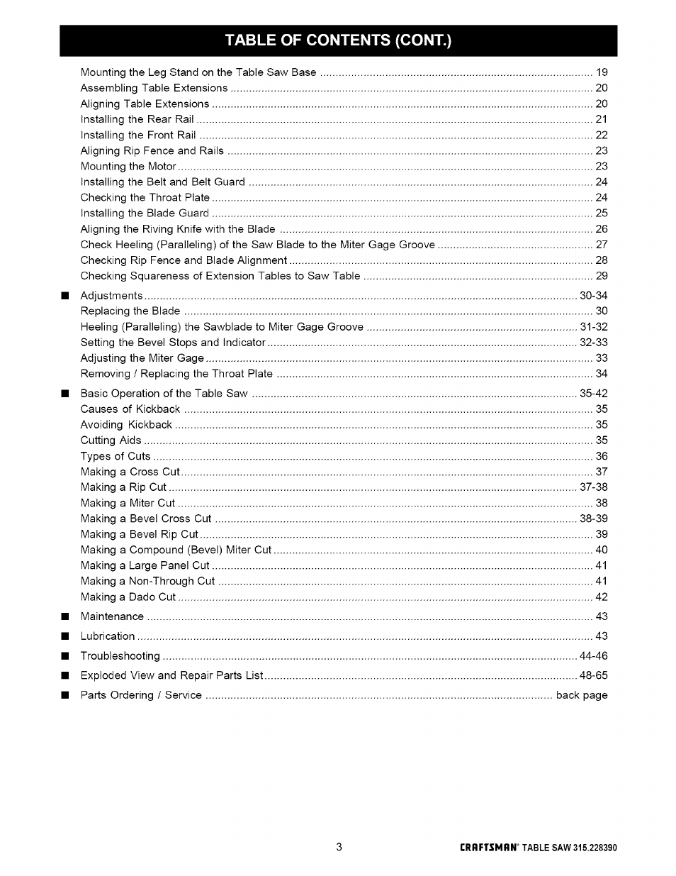 Table of contents (cont.) | Craftsman 315.228390 User Manual | Page 3 / 66