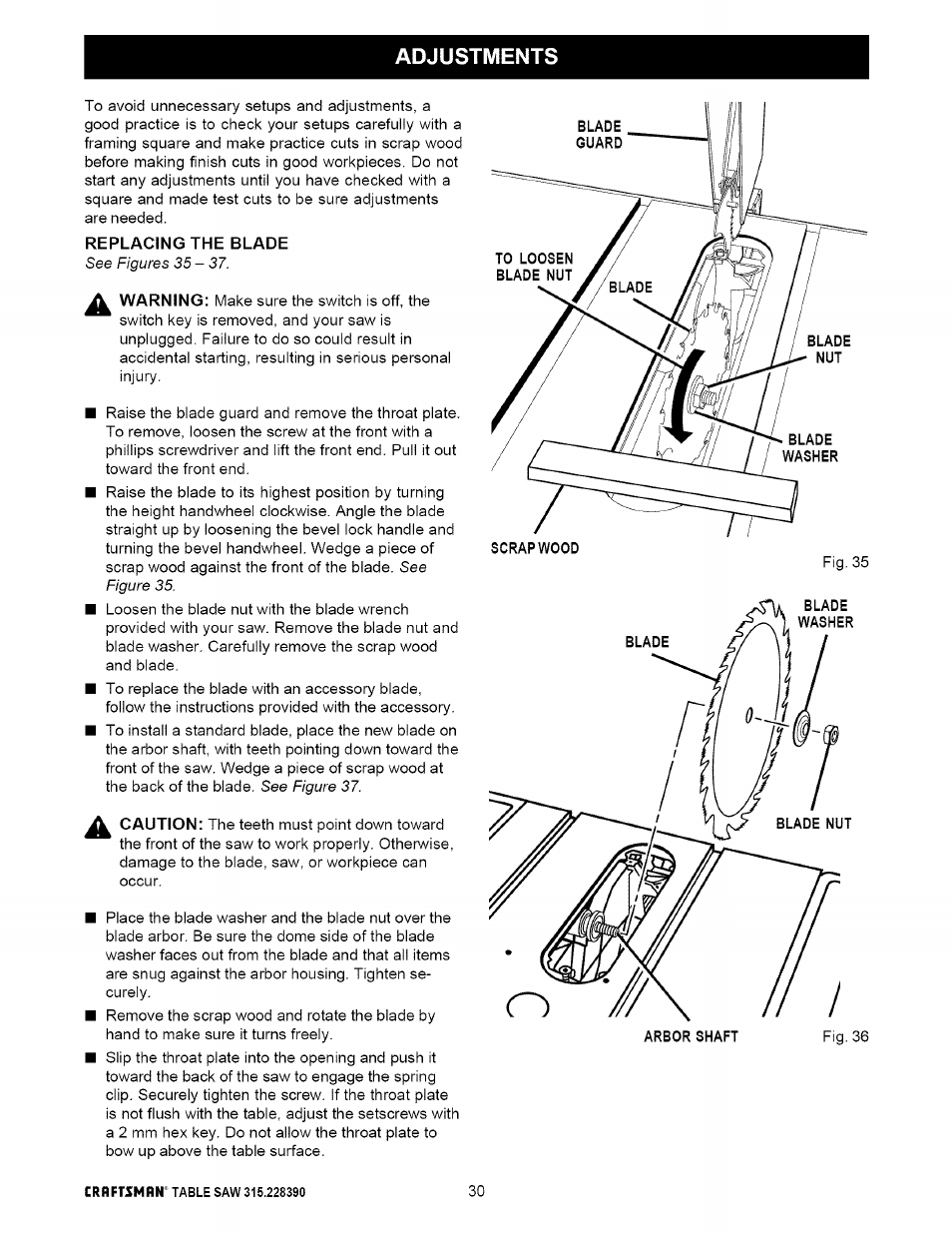 Replacing the blade, Adjustments | Craftsman 315.228390 User Manual | Page 30 / 66