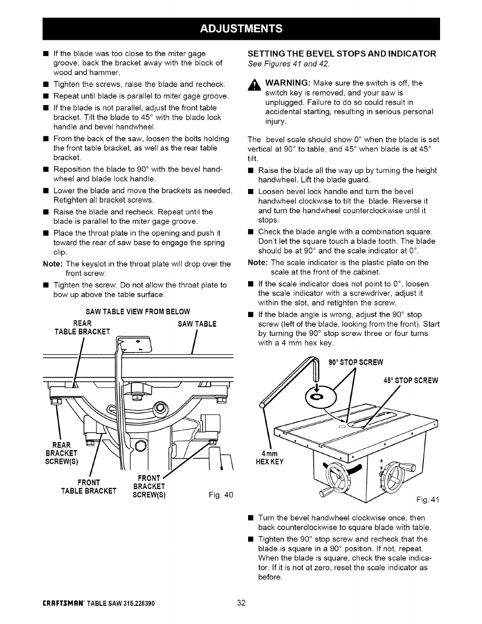 Setting the bevel stops and indicator, Setting the bevel stops and indicator -33, Adjustments | Craftsman 315.228390 User Manual | Page 32 / 66