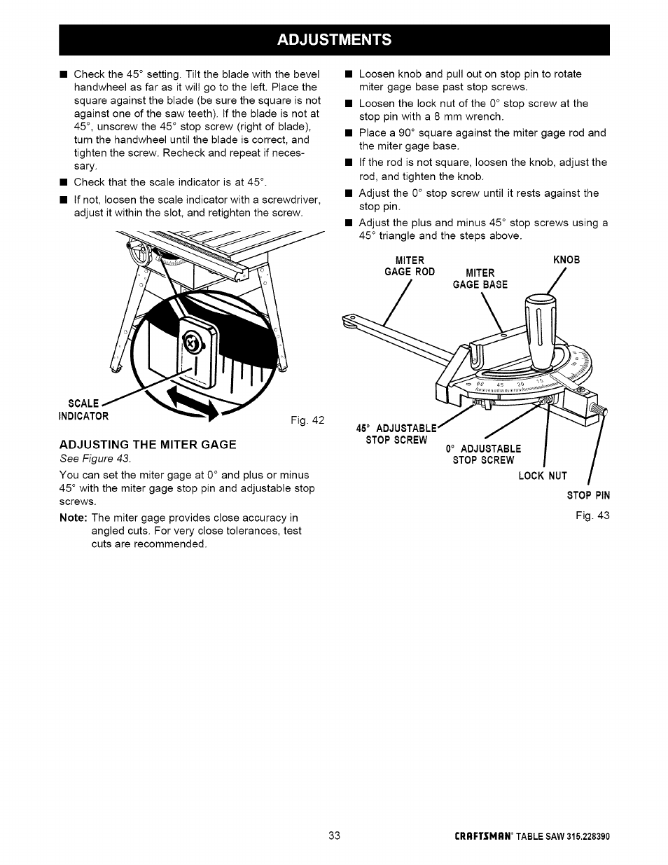Adjusting the miter gage, Stop pin, Adjustments | Craftsman 315.228390 User Manual | Page 33 / 66