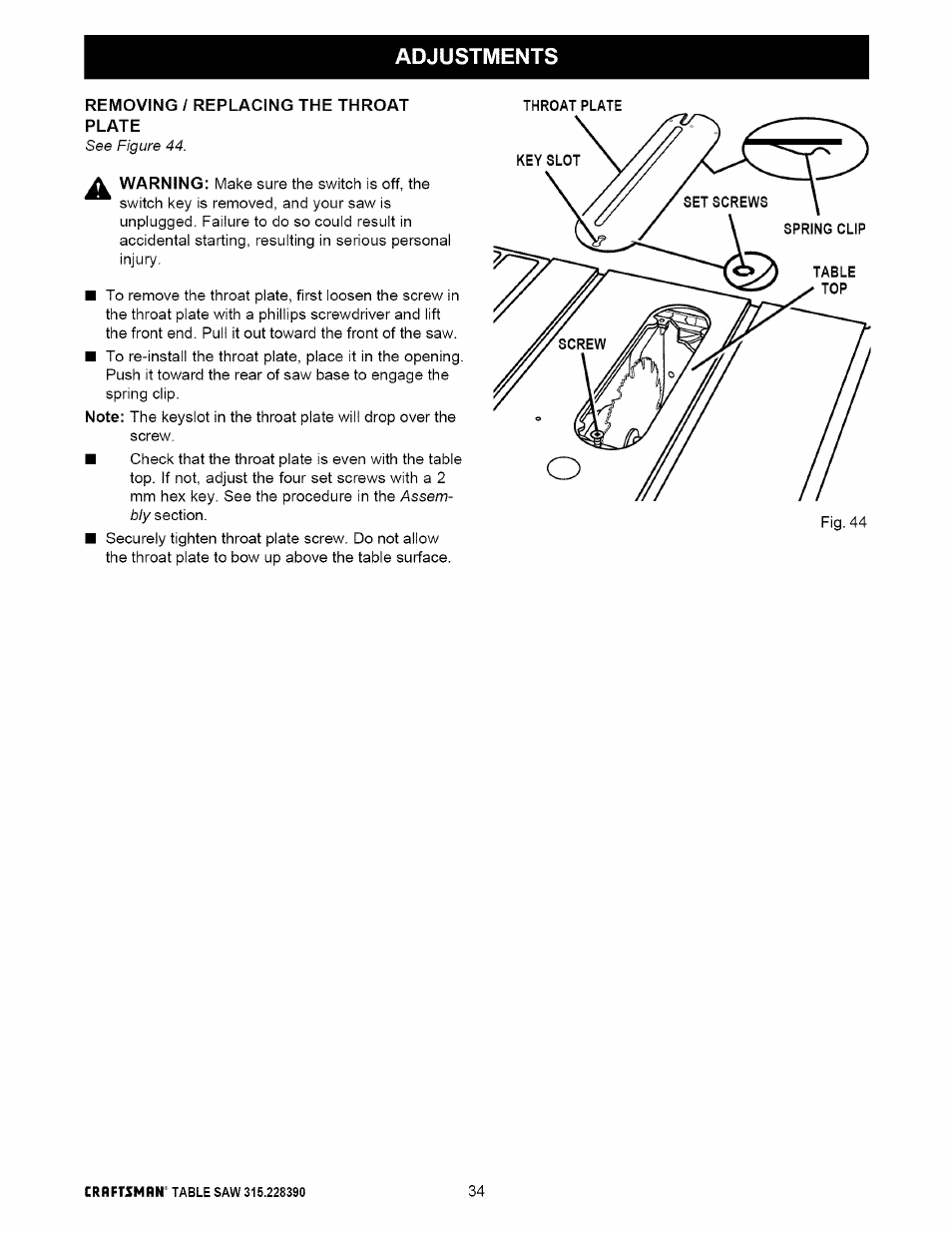 Removing / replacing the throat plate, Adjustments | Craftsman 315.228390 User Manual | Page 34 / 66