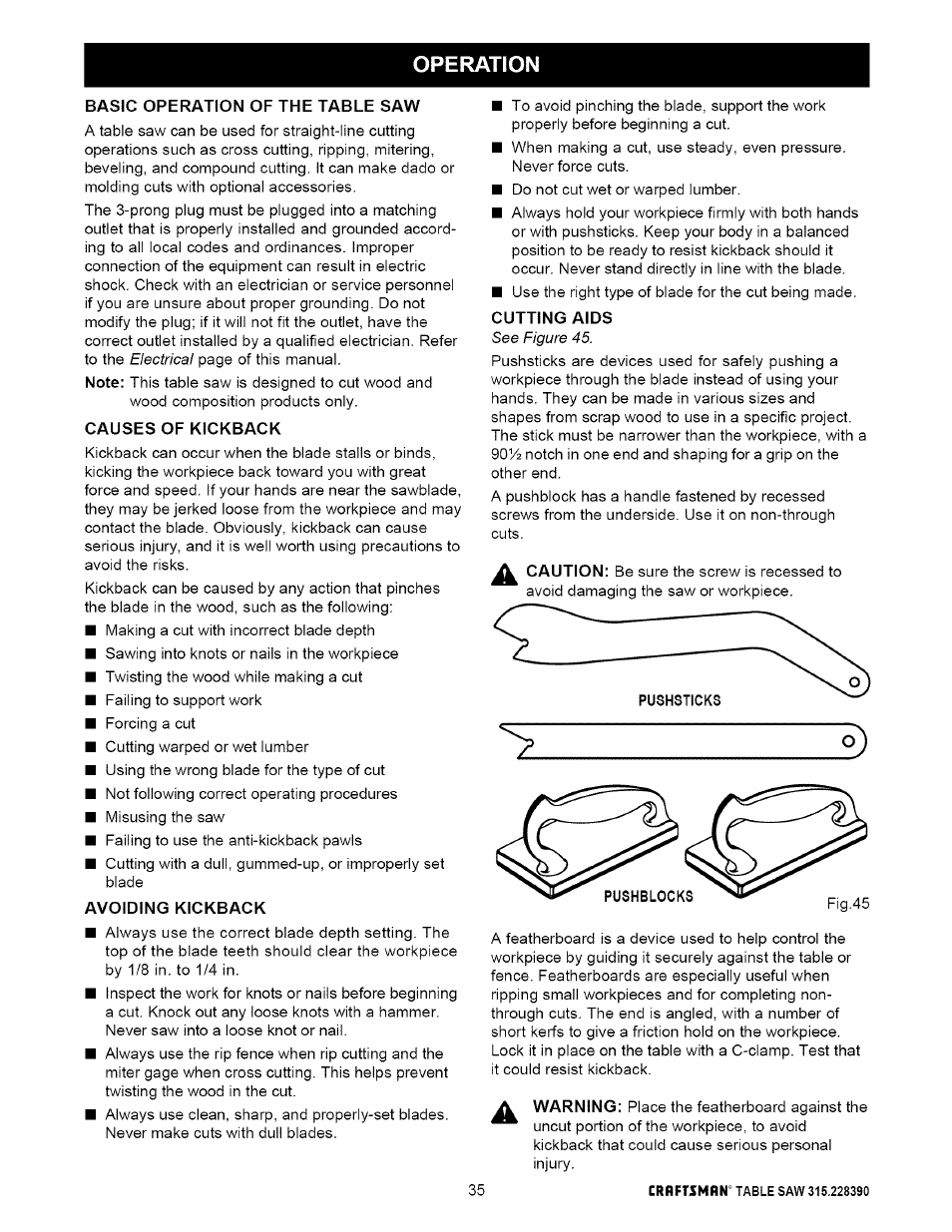 Basic operation of the table saw, Causes of kickback, Avoiding kickback | Cutting aids, Basic operation of the table saw -42, Operation | Craftsman 315.228390 User Manual | Page 35 / 66