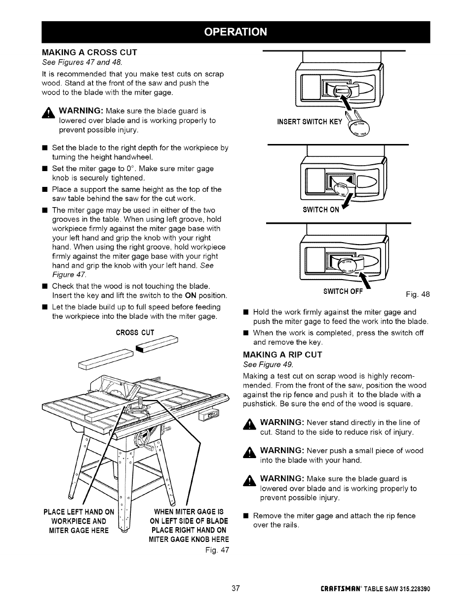Making a cross cut, Making a rip cut, Making a rip cut -38 | Operation | Craftsman 315.228390 User Manual | Page 37 / 66
