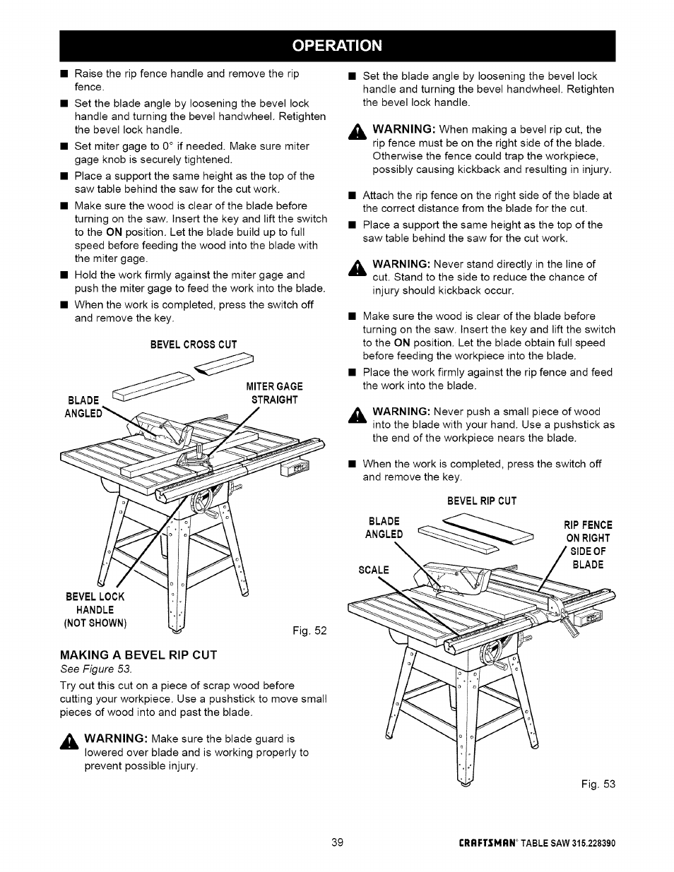 Making a bevel rip cut, Bevel rip cut, Operation | Craftsman 315.228390 User Manual | Page 39 / 66