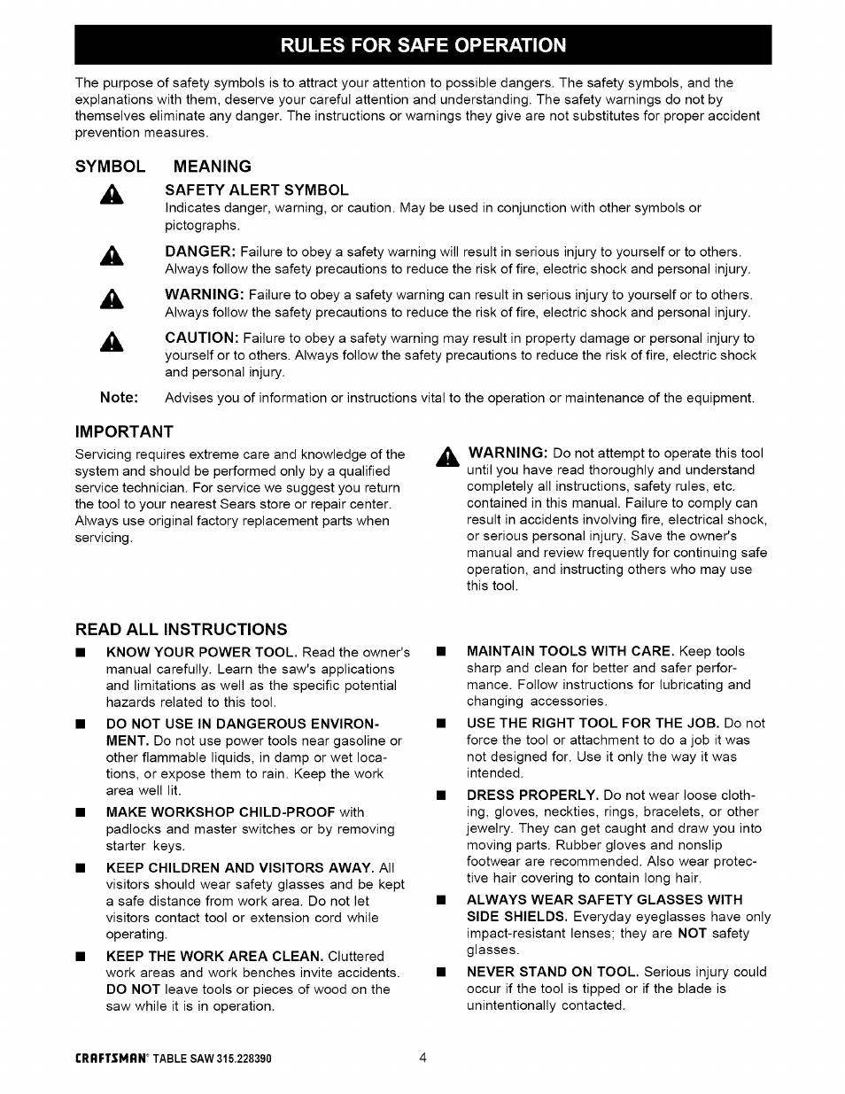 Rules for safe operation, Safety alert symbol, Rules for safe operation -6 | Craftsman 315.228390 User Manual | Page 4 / 66