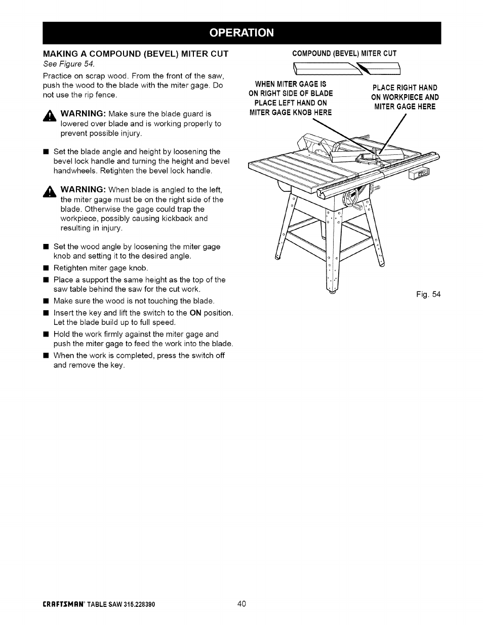 Making a compound (bevel) miter cut, Compound (bevel) miter cut, Operation | Craftsman 315.228390 User Manual | Page 40 / 66