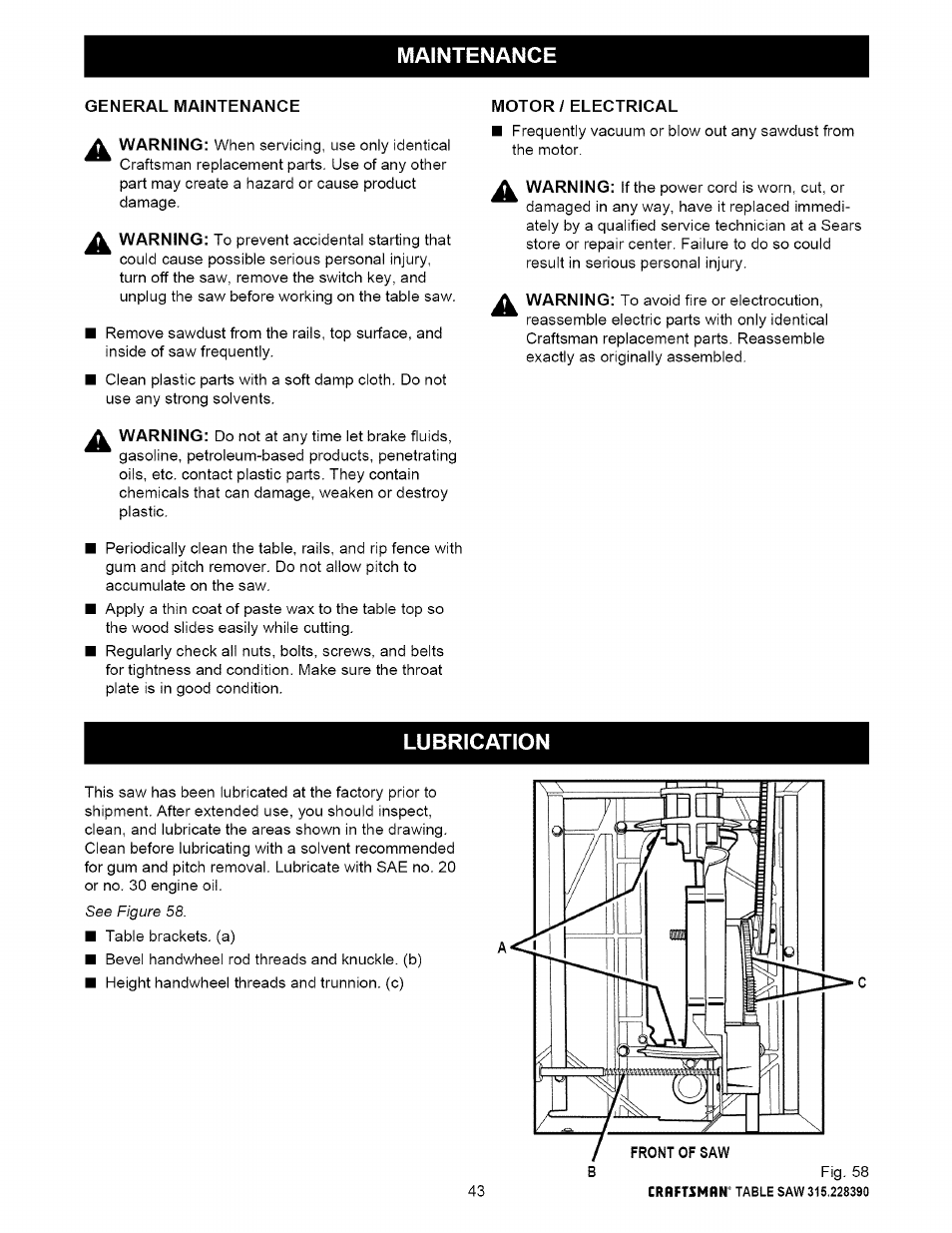 Maintenance, General maintenance, Motor / electrical | Lubrication | Craftsman 315.228390 User Manual | Page 43 / 66