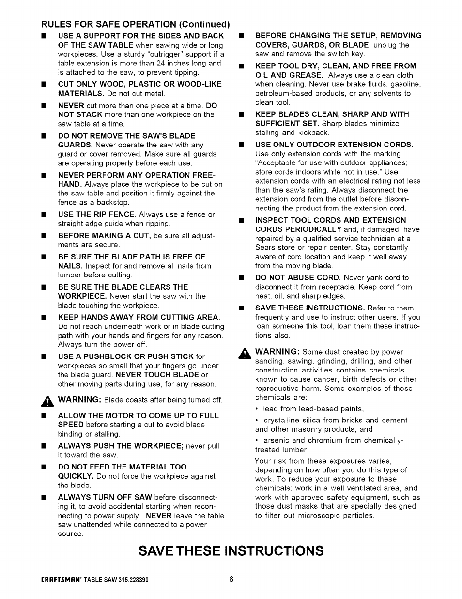Use only outdoor extension cords, Save these instructions, Rules for safe operation (continued) | Craftsman 315.228390 User Manual | Page 6 / 66