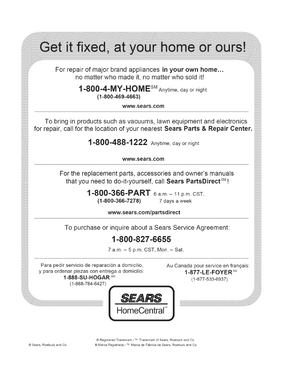 3êî it fixed, at^^y, 800-4-my-home, Homecentraf | Craftsman 315.228390 User Manual | Page 66 / 66