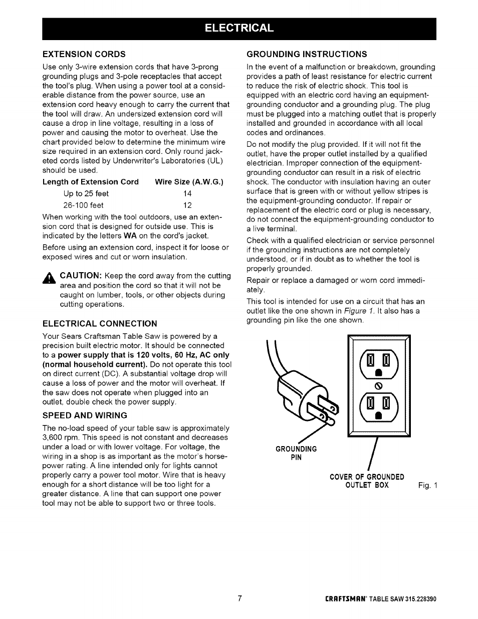 Electrical, Extension cords, Electrical connection | Speed and wiring, Grounding instructions | Craftsman 315.228390 User Manual | Page 7 / 66