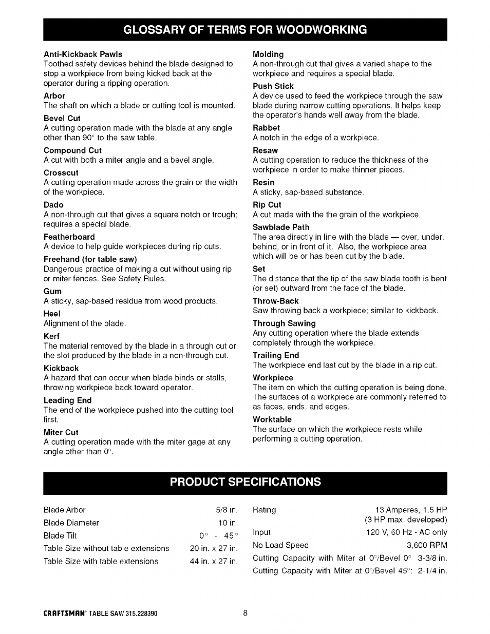 Glossary of terms for woodworking, Anti-kickback pawls, Arbor | Dado, Featherboard, Heel, Kerf, Kickback, Miter cut, Molding | Craftsman 315.228390 User Manual | Page 8 / 66