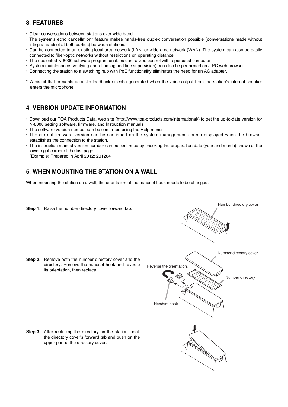 Features, Version update information, When mounting the station on a wall | Toa N-8510MS User Manual | Page 2 / 4