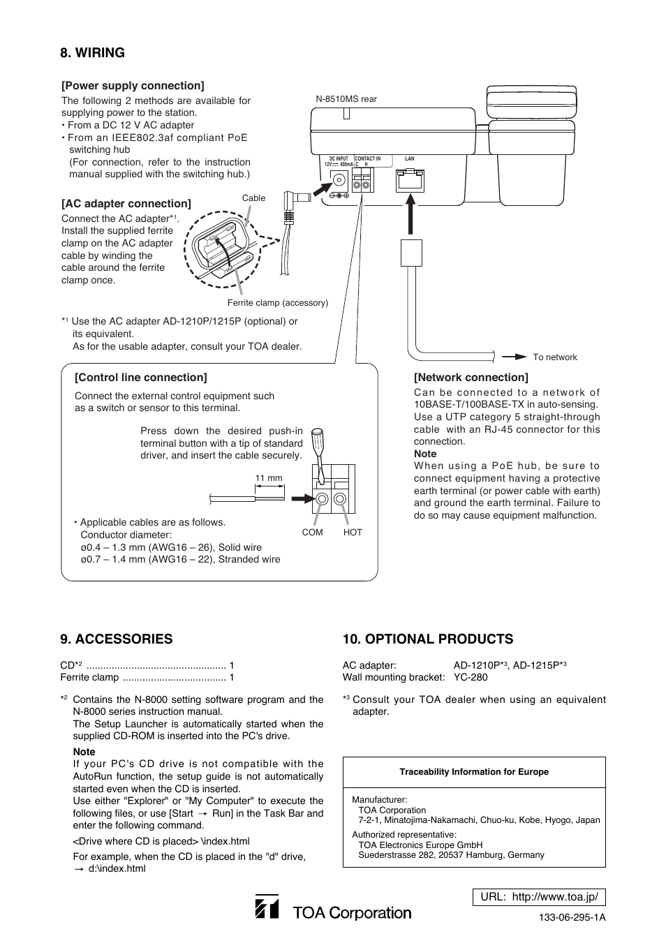 Wiring 9. accessories, Optional products | Toa N-8510MS User Manual | Page 4 / 4