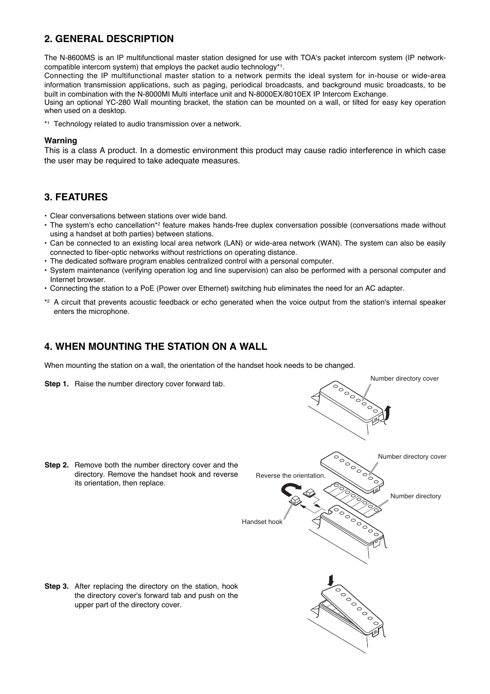 General description, Features, When mounting the station on a wall | Toa N-8600MS User Manual | Page 2 / 4