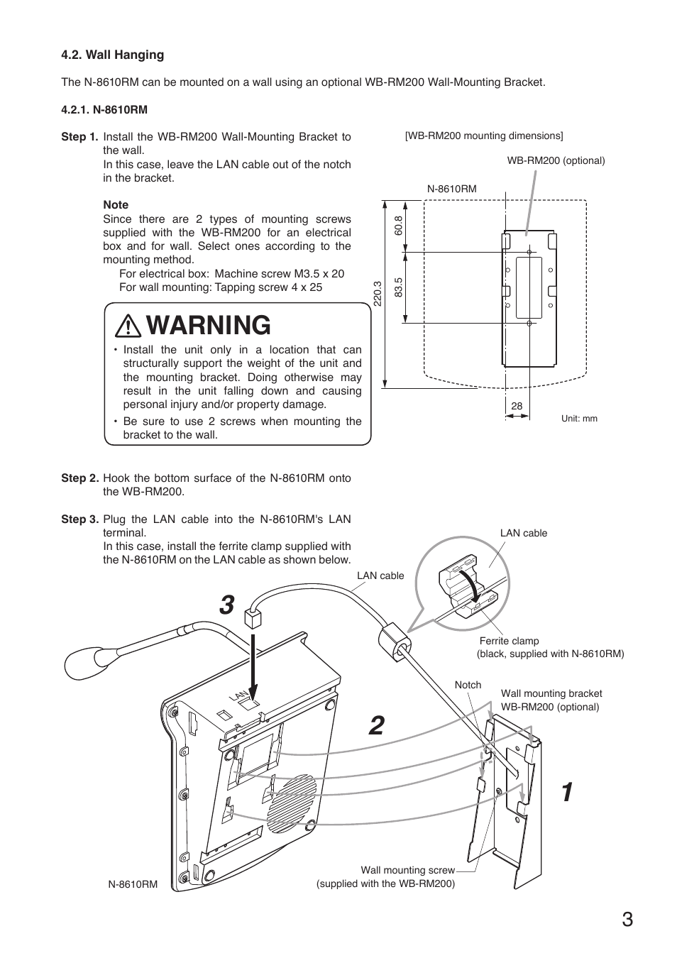 Wall hanging, Warning | Toa N-8610RM User Manual | Page 3 / 8