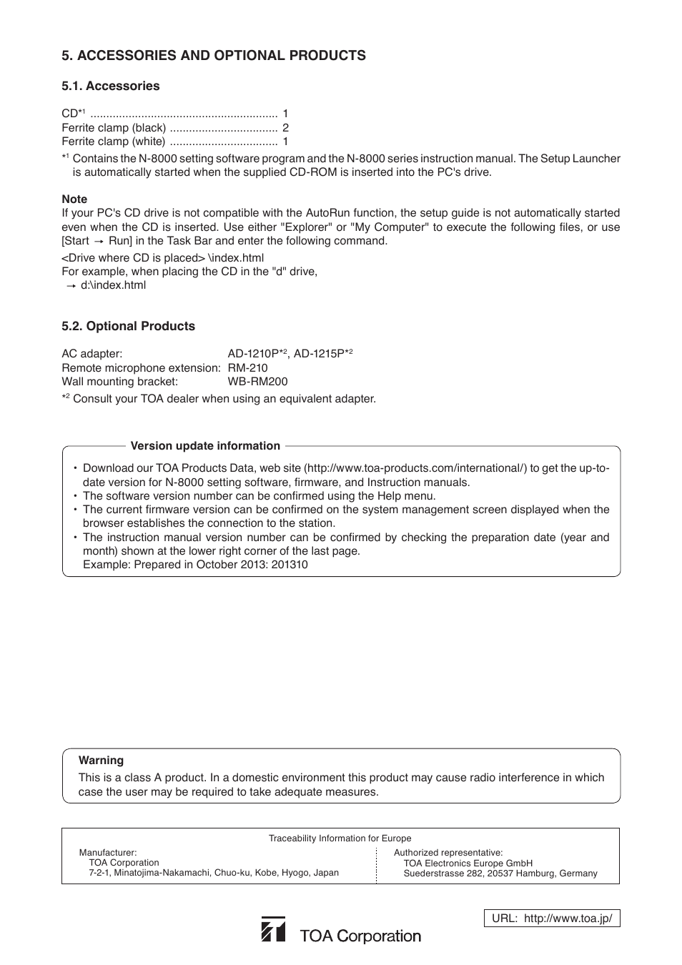 Accessories and optional products, Accessories, Optional products | Accessories and optional, Products | Toa N-8610RM User Manual | Page 8 / 8