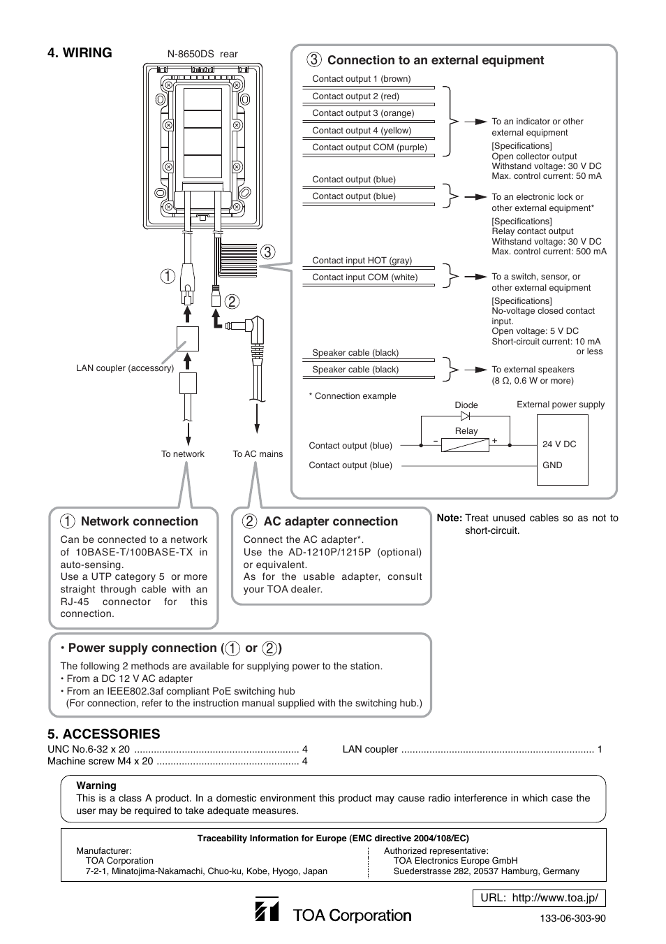 Wiring, Accessories | Toa N-8650DS User Manual | Page 2 / 2