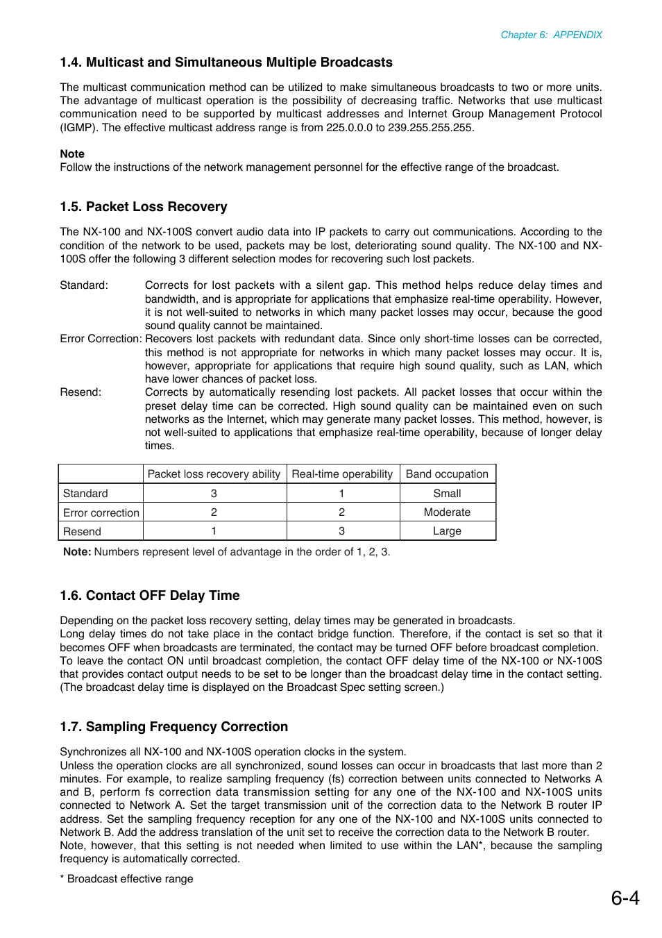 Multicast and simultaneous multiple broadcasts, Packet loss recovery, Contact off delay time | Sampling frequency correction, P. 6-4 | Toa NX-100S Installation User Manual | Page 107 / 117