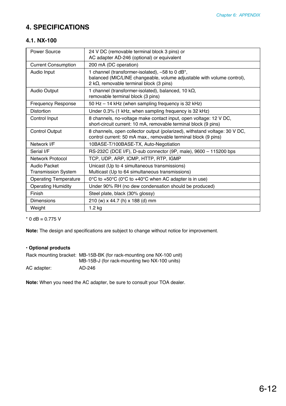 Specifications, Nx-100 | Toa NX-100S Installation User Manual | Page 115 / 117