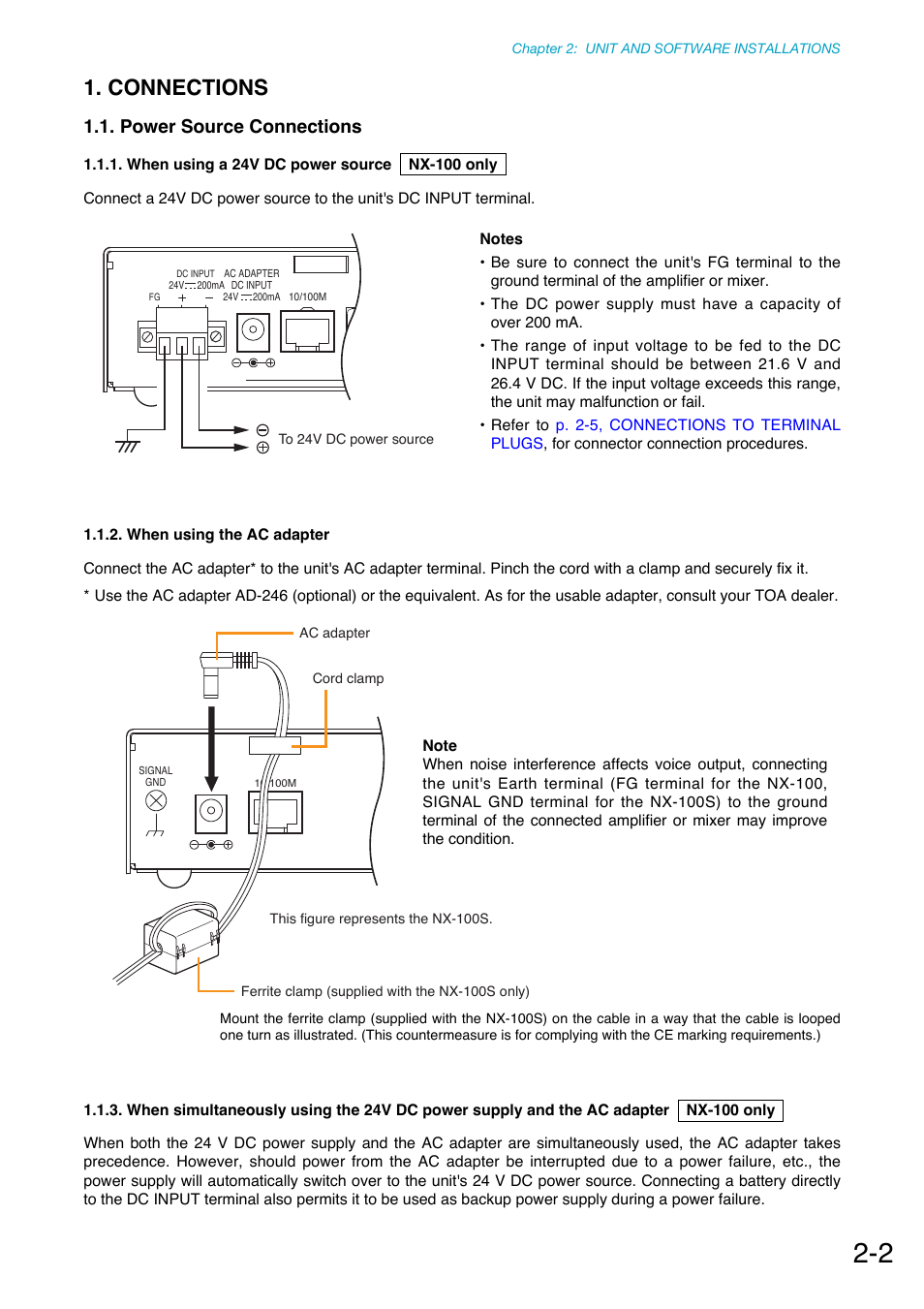 Connections, Power source connection, When using a 24 v dc power source | When using the ac adapter, Nx-100 only, Power source connections | Toa NX-100S Installation User Manual | Page 13 / 117