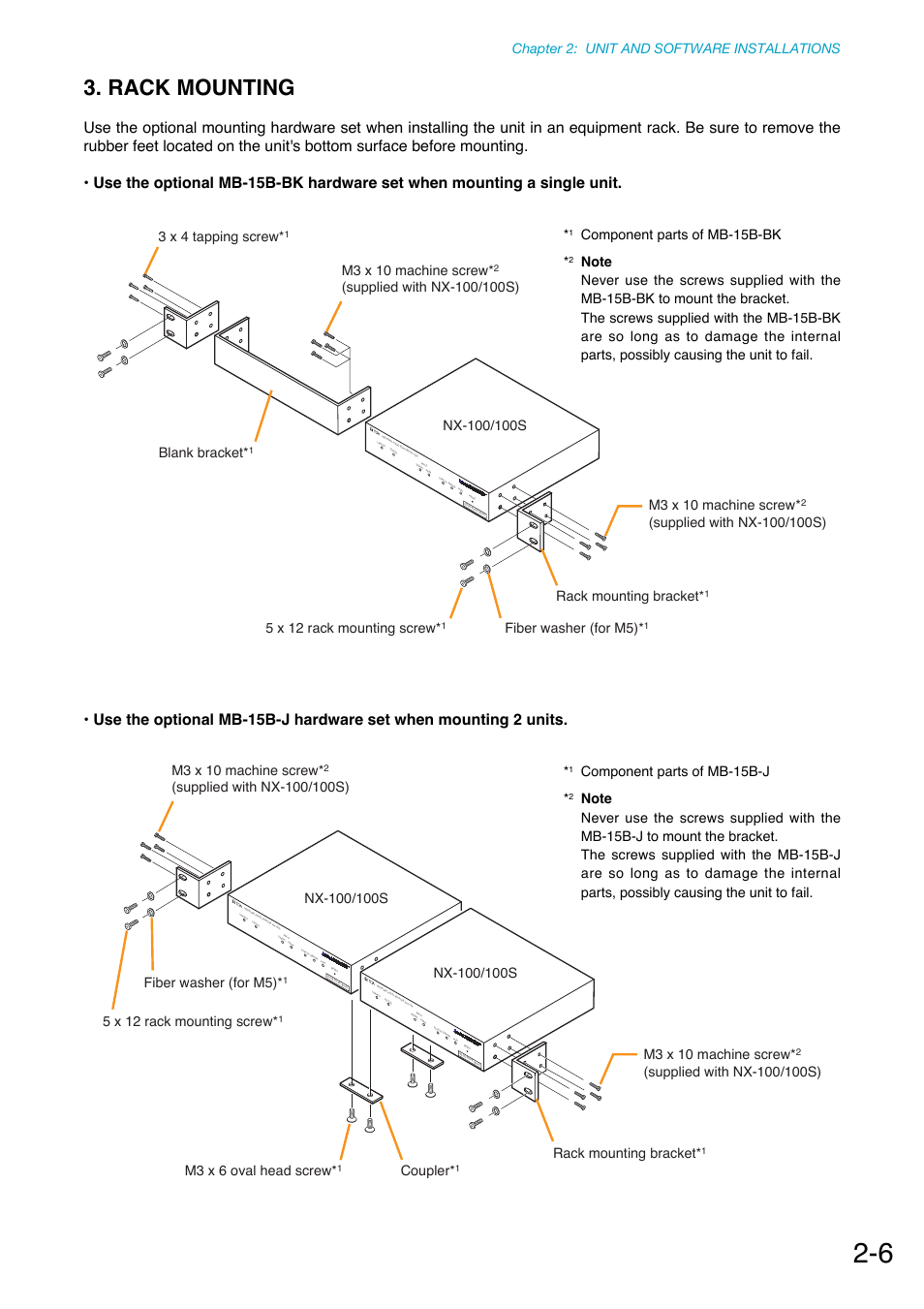 Rack mounting, Chapter 2: unit and software installations, Blank bracket | Fiber washer (for m5), 5 x 12 rack mounting screw, 3 x 4 tapping screw, Coupler, M3 x 6 oval head screw, Component parts of mb-15b-bk, Component parts of mb-15b-j | Toa NX-100S Installation User Manual | Page 17 / 117