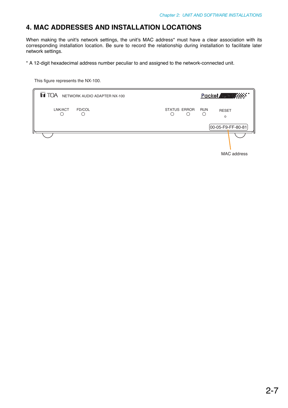 Mac addresses and installation locations | Toa NX-100S Installation User Manual | Page 18 / 117