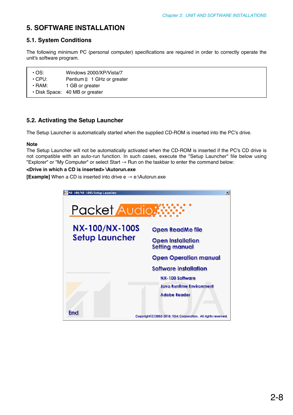 Software installation, System conditions, Activating the setup launcher | P. 2-8, software installation, For the installation procedure | Toa NX-100S Installation User Manual | Page 19 / 117