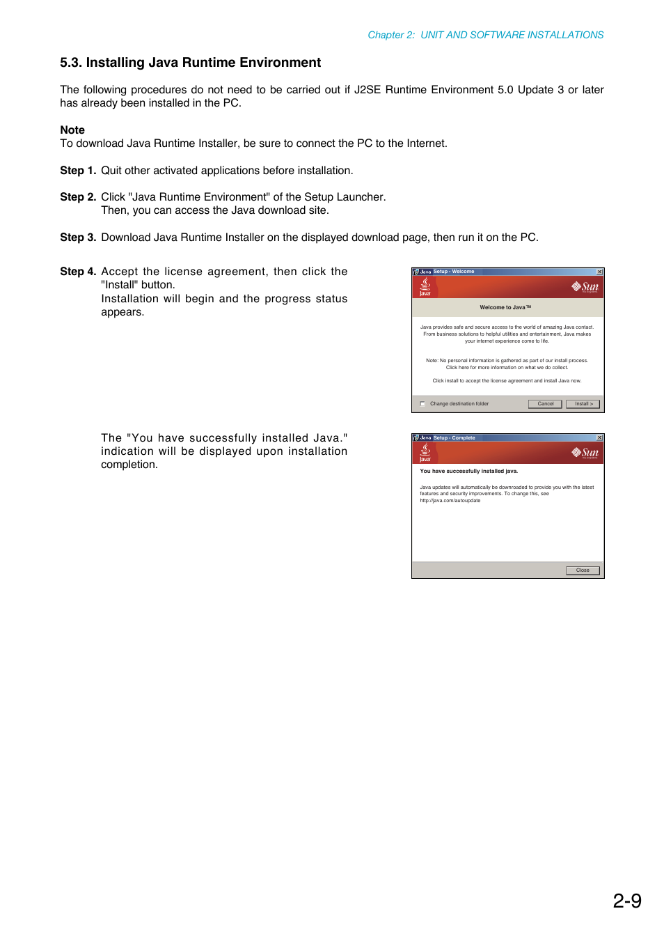 Installing java runtime environment | Toa NX-100S Installation User Manual | Page 20 / 117