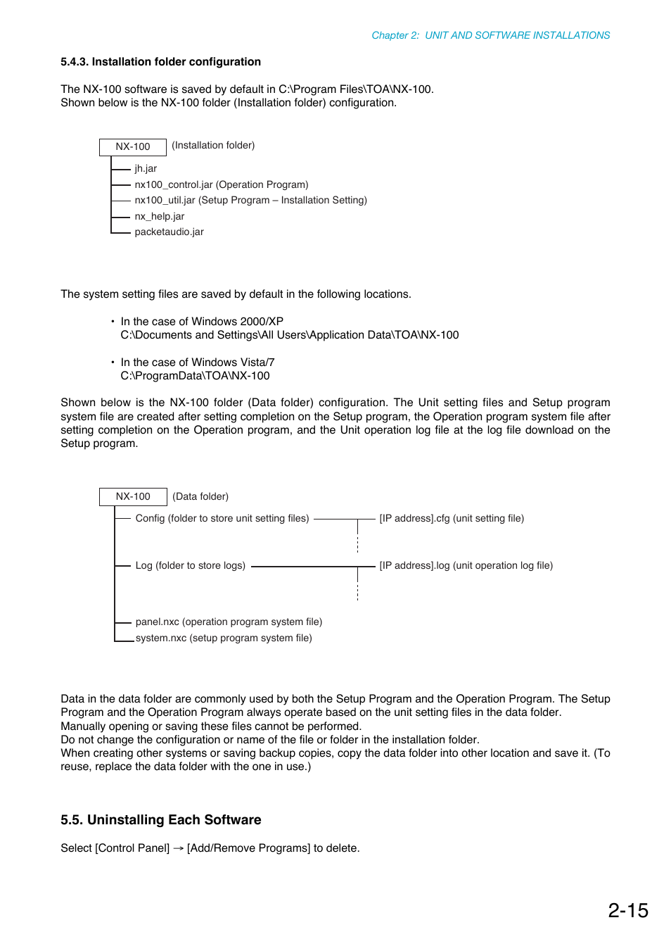 Installation folder configuration, Uninstalling each software | Toa NX-100S Installation User Manual | Page 26 / 117