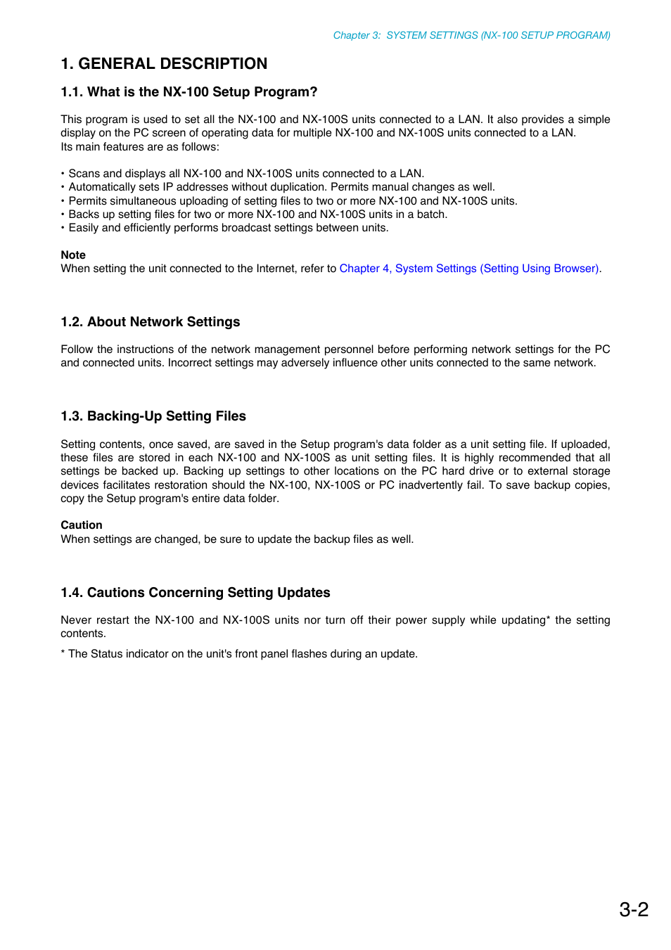 General description, What is the nx-100 setup program, About network settings | Backing-up setting files, Cautions concerning setting updates | Toa NX-100S Installation User Manual | Page 28 / 117