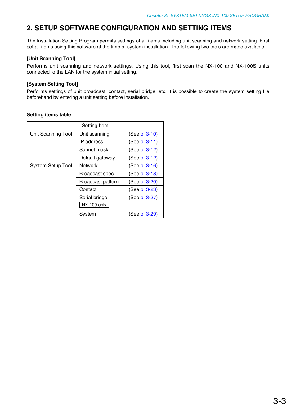 Setup software configuration and setting items | Toa NX-100S Installation User Manual | Page 29 / 117