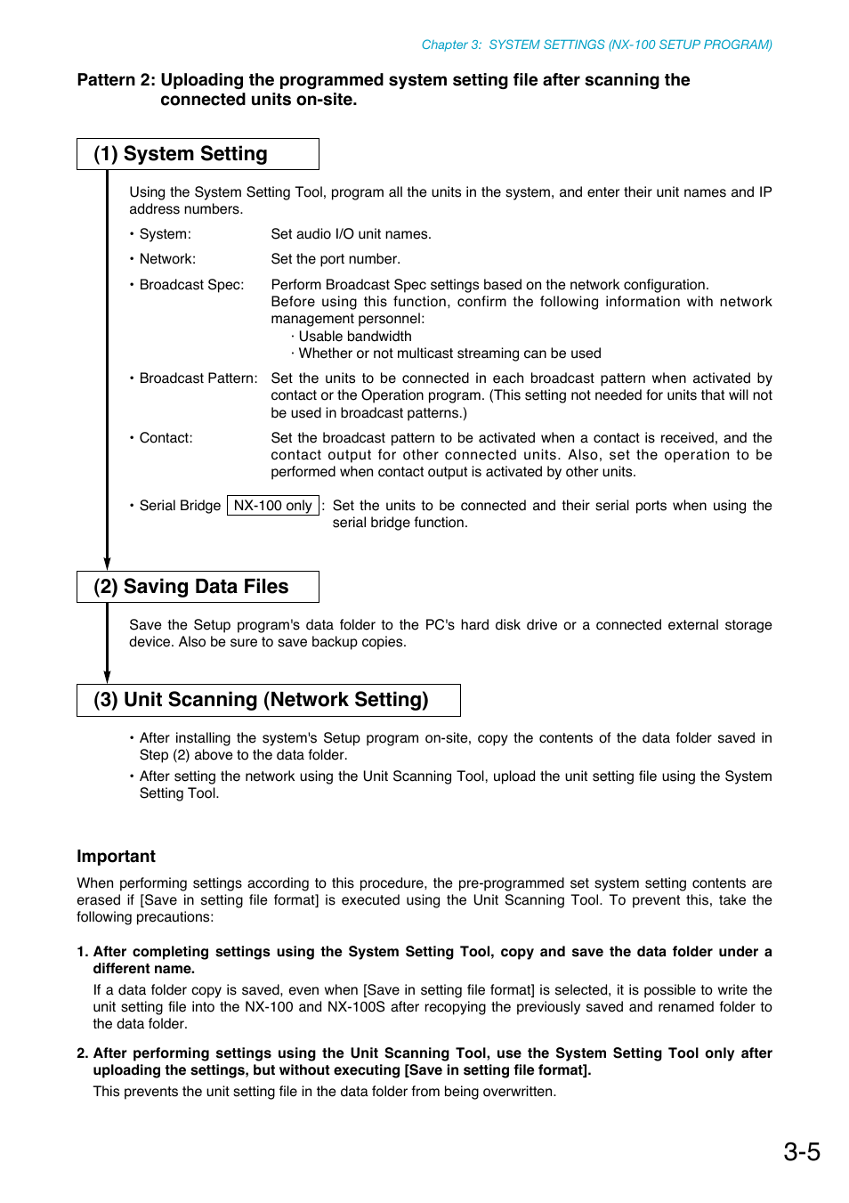 1) system setting, 2) saving data files, 3) unit scanning (network setting) | Toa NX-100S Installation User Manual | Page 31 / 117