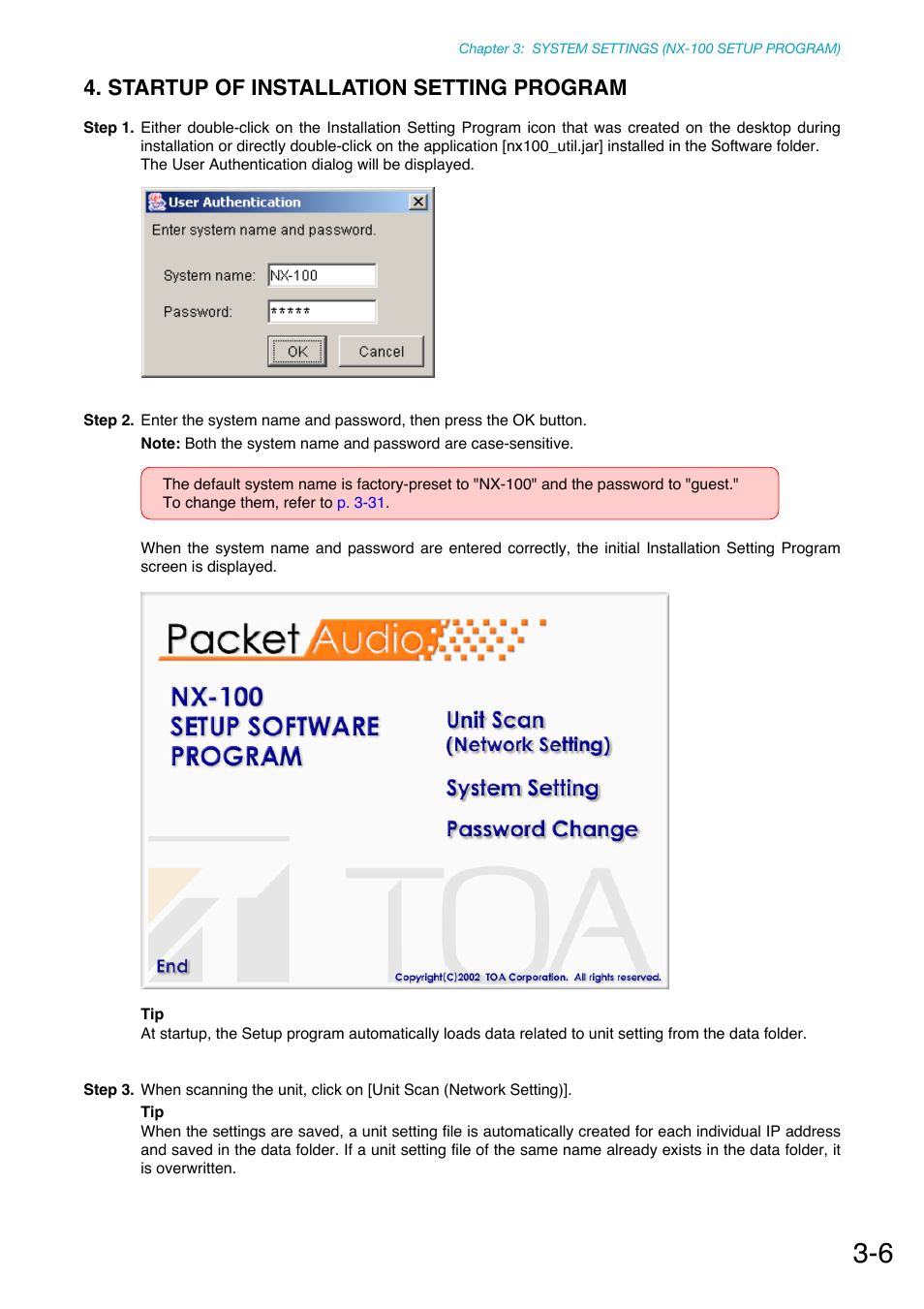 Startup of installation setting program | Toa NX-100S Installation User Manual | Page 32 / 117