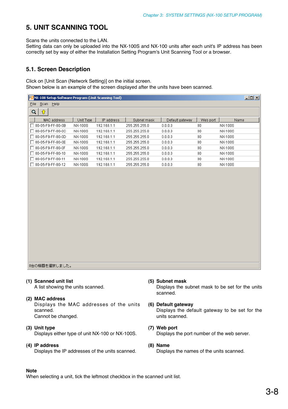 Unit scanning tool, Screen description | Toa NX-100S Installation User Manual | Page 34 / 117