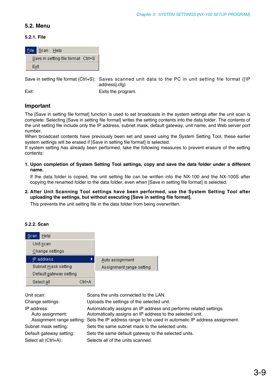 Menu, File, Scan | Toa NX-100S Installation User Manual | Page 35 / 117