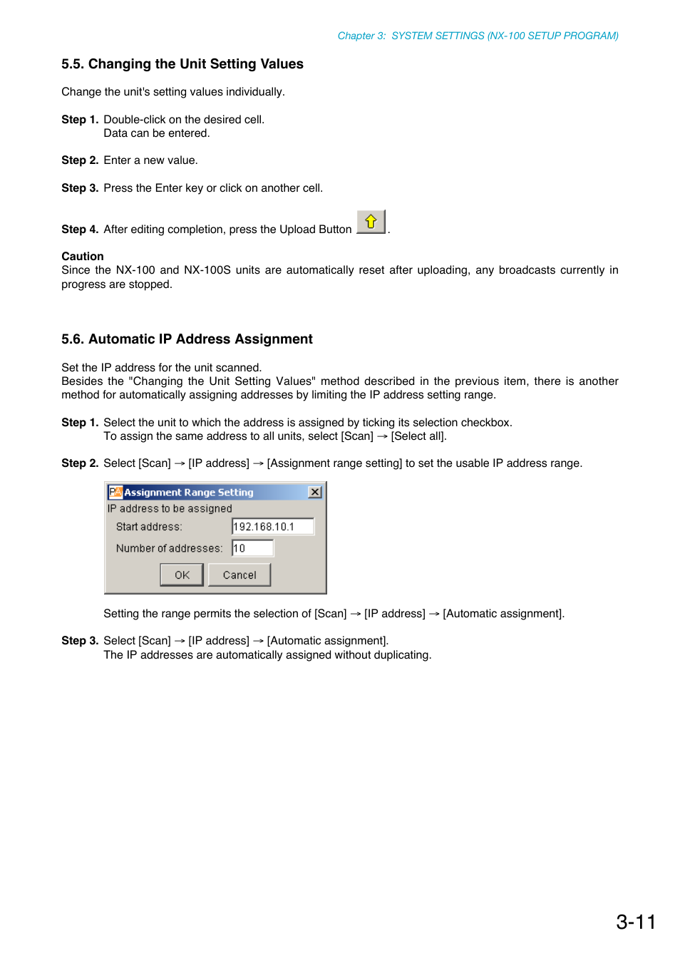 Changing the unit setting values, Automatic ip address assignment, P. 3-11 | Toa NX-100S Installation User Manual | Page 37 / 117