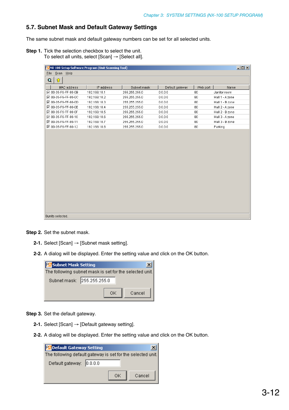 Subnet mask and default gateway settings, P. 3-12 | Toa NX-100S Installation User Manual | Page 38 / 117