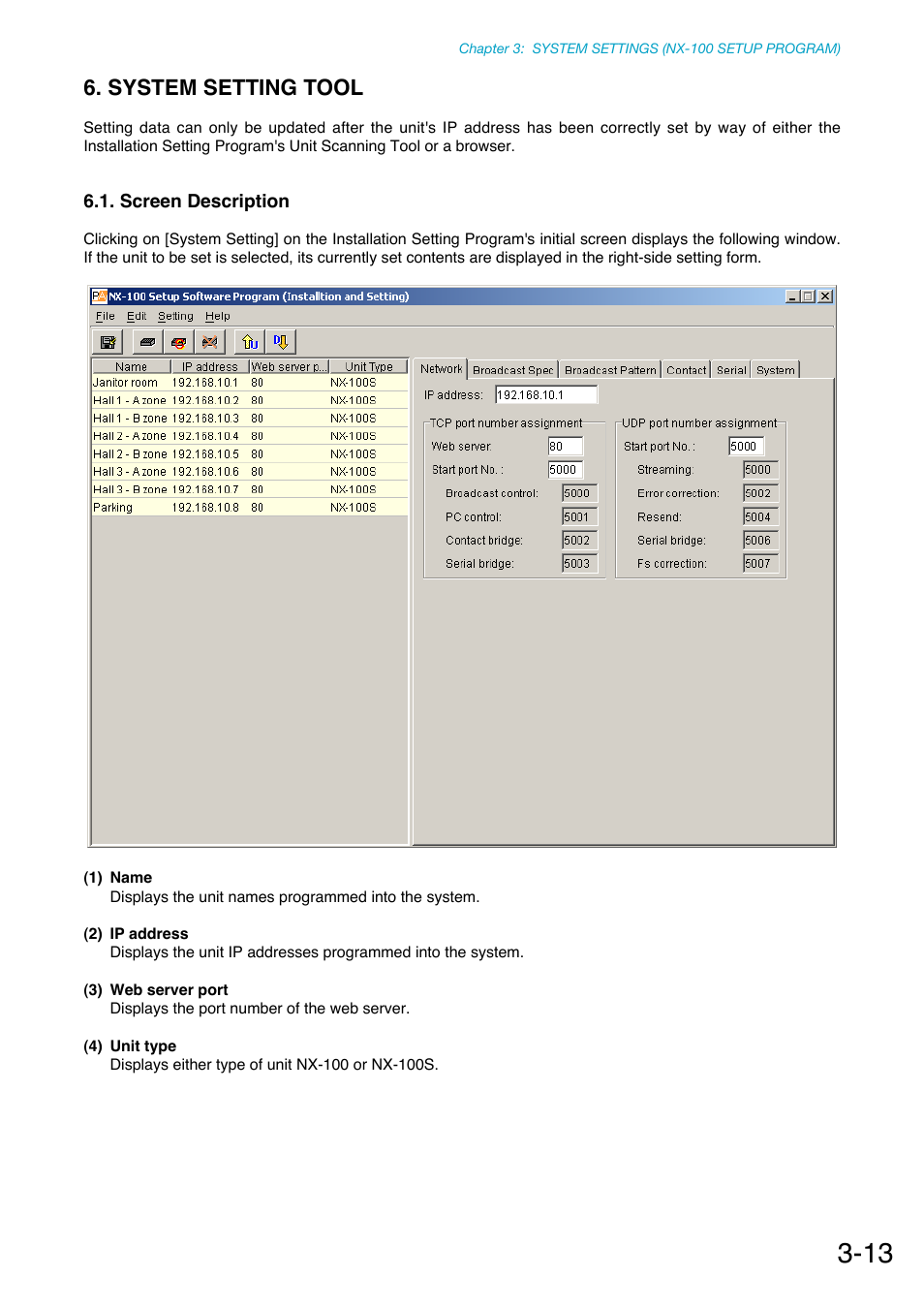 System setting tool, Screen description | Toa NX-100S Installation User Manual | Page 39 / 117