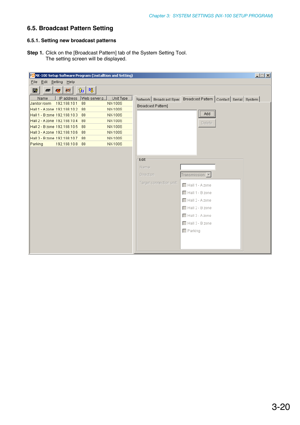 Broadcast pattern setting, Setting new broadcast patterns, P. 3-20 | Toa NX-100S Installation User Manual | Page 46 / 117
