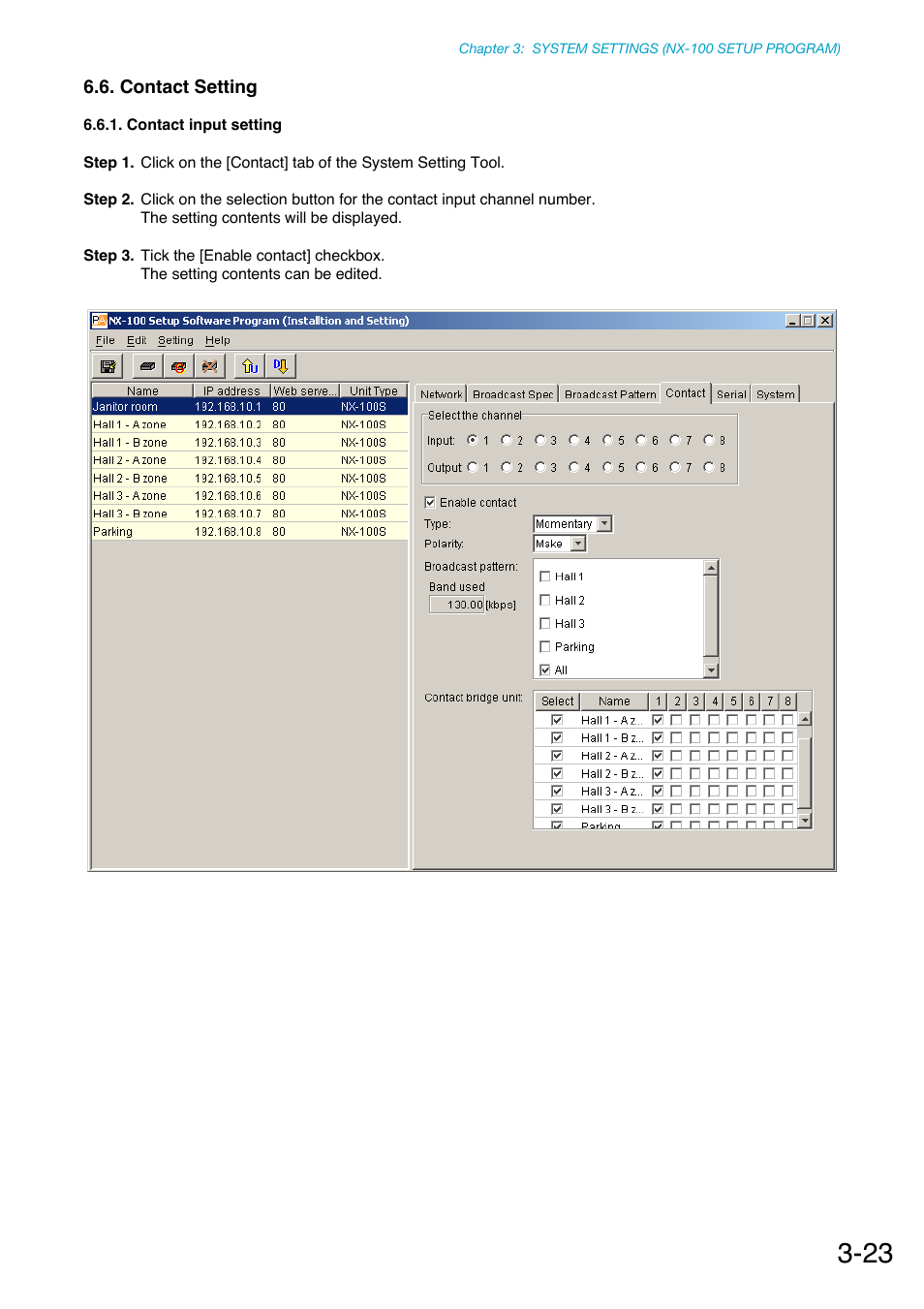 Contact setting, Contact input setting, P. 3-23 | Toa NX-100S Installation User Manual | Page 49 / 117