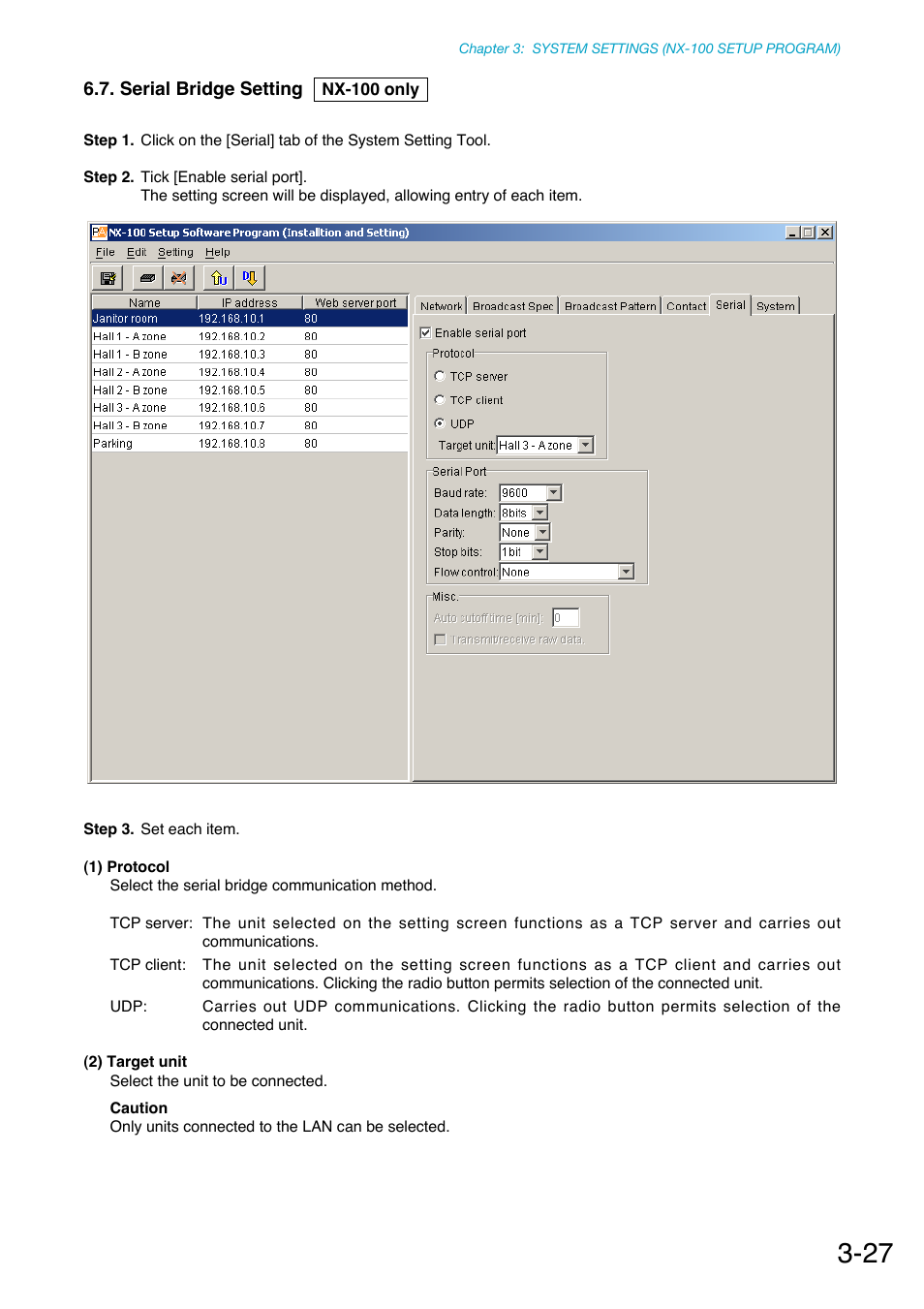 Serial bridge setting, Nx-100 only, P. 3-27 | Toa NX-100S Installation User Manual | Page 53 / 117