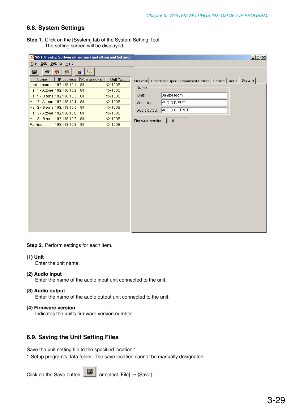 System settings, Saving the unit setting files, P. 3-29 | Toa NX-100S Installation User Manual | Page 55 / 117