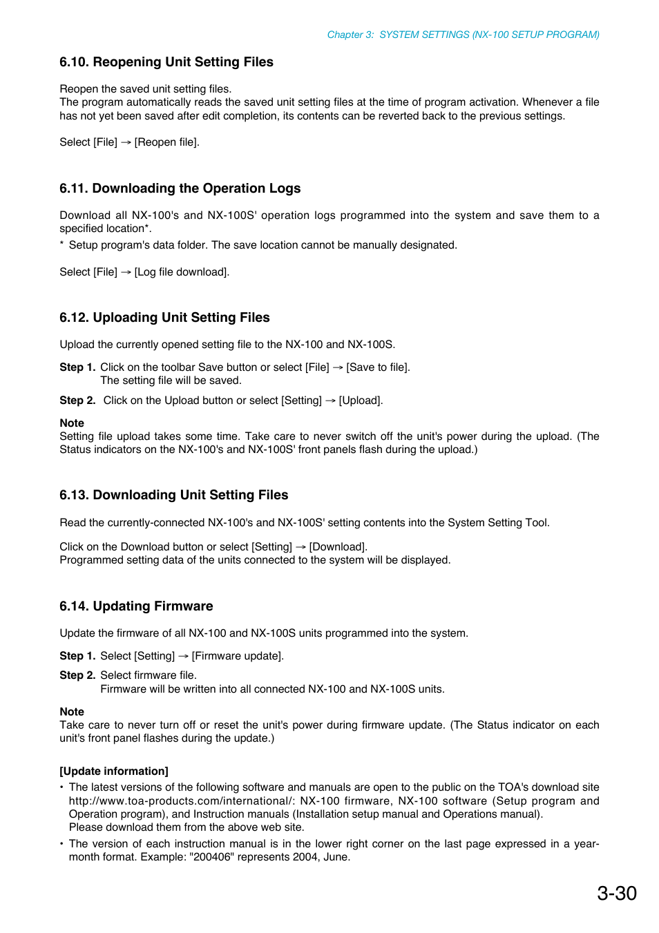 Reopening unit setting files, Downloading the operation logs, Uploading unit setting files | Downloading unit setting files, Updating firmware | Toa NX-100S Installation User Manual | Page 56 / 117